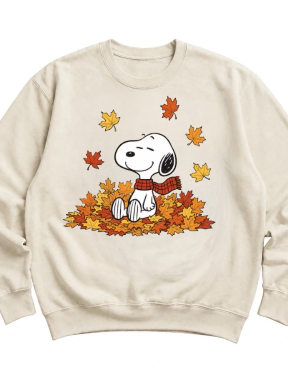 Cream Crewneck Sweatshirt with Snoopy in Fall Leaves